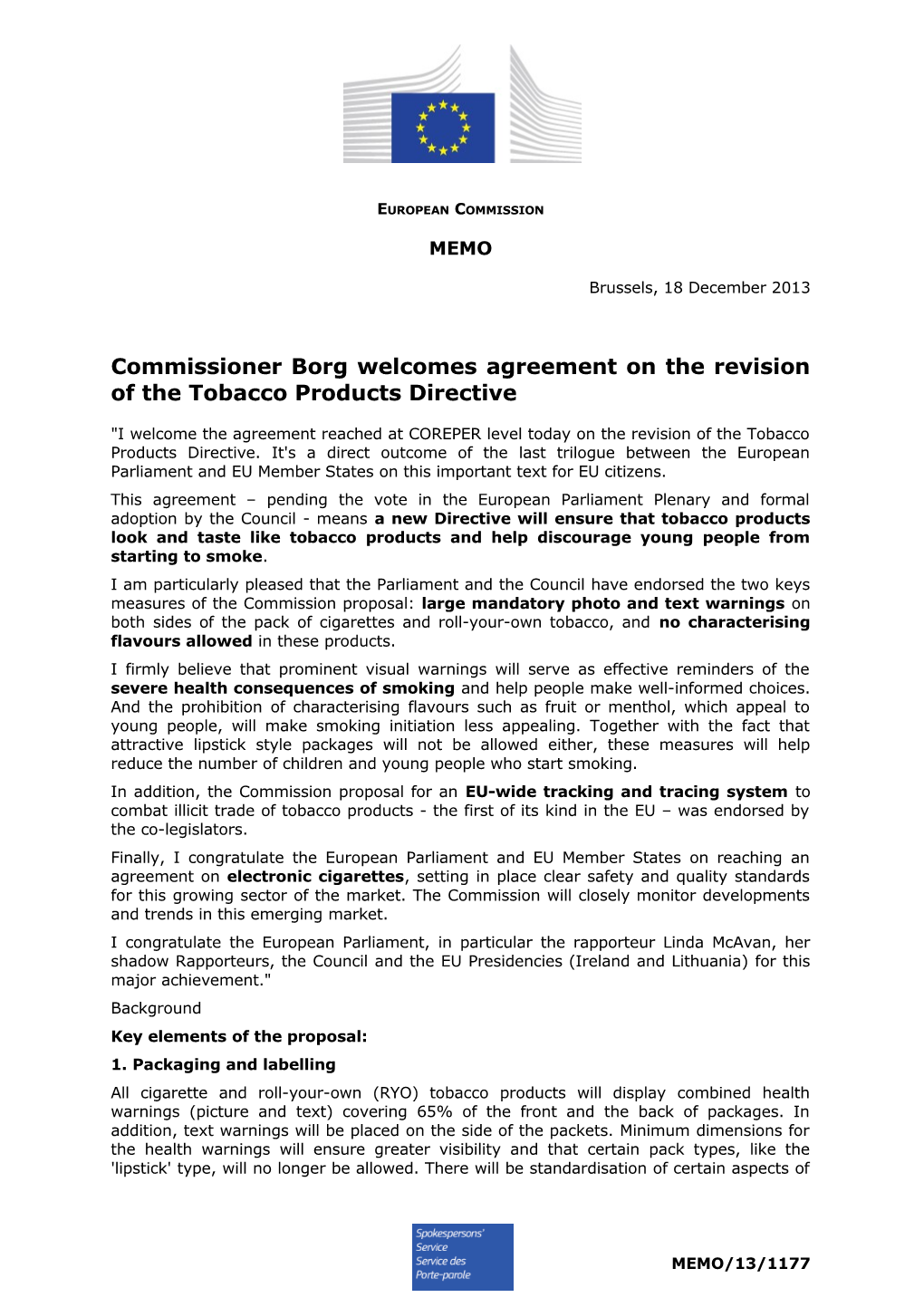 Commissioner Borg Welcomes Agreement on the Revision of the Tobacco Products Directive