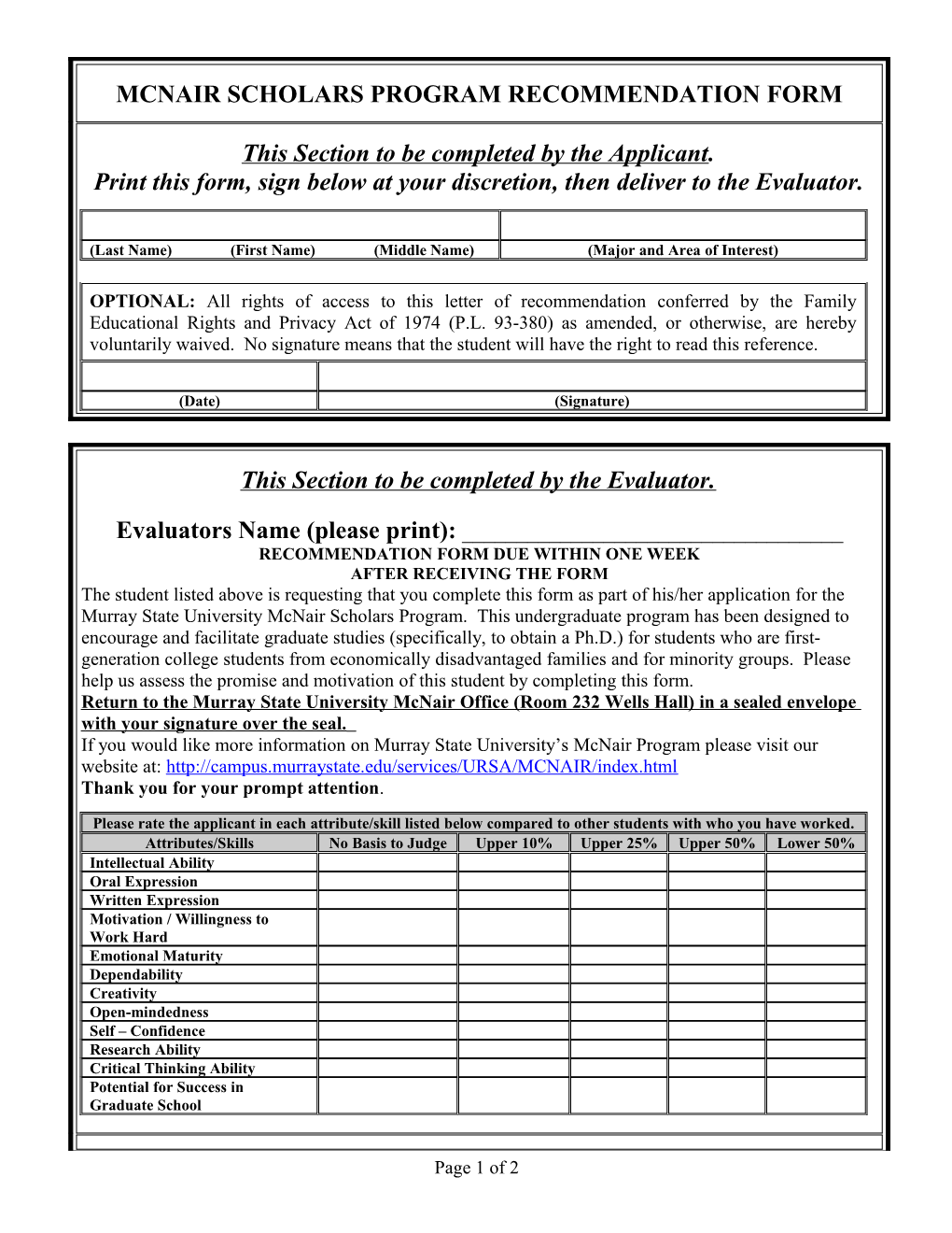 Mcnair Scholars Program Recommendation Form