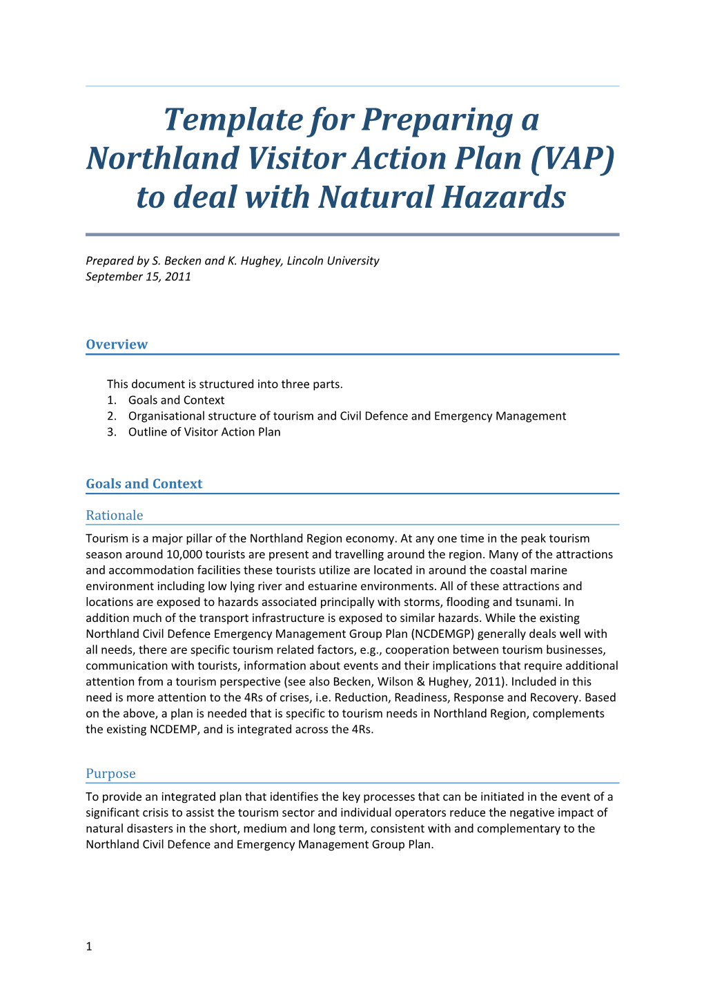 Template for Preparing a Northland Visitoraction Plan(VAP) to Deal with Natural Hazards