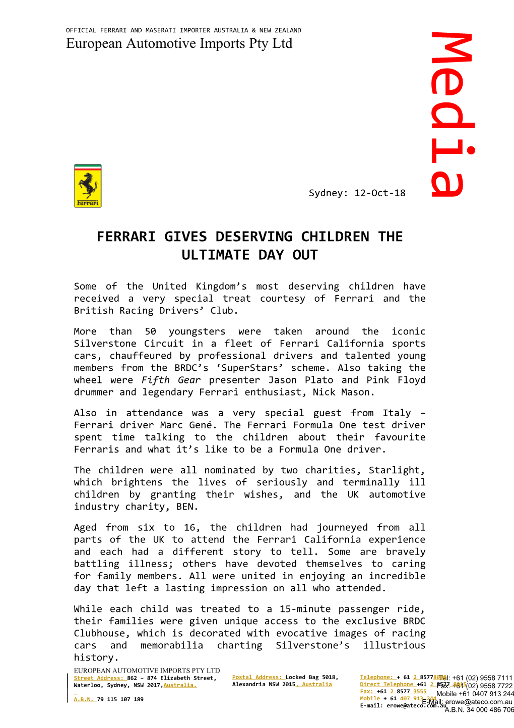 Ferrari Gives Deserving Children the Ultimate Day Out