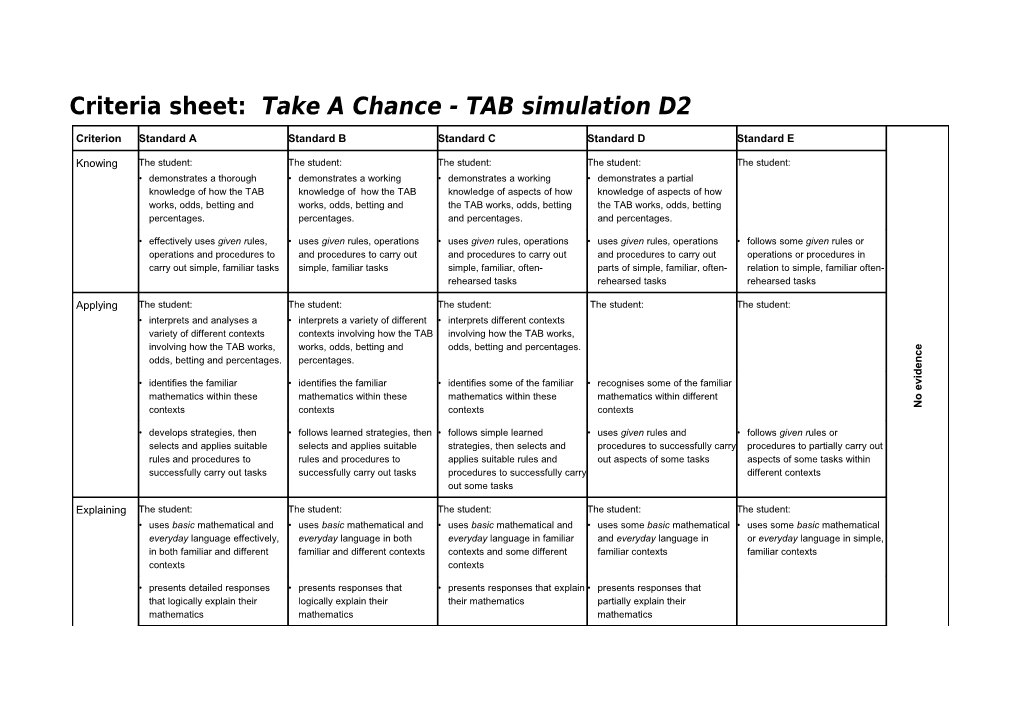 Criteria Sheet: Take a Chance - TAB Simulation D2