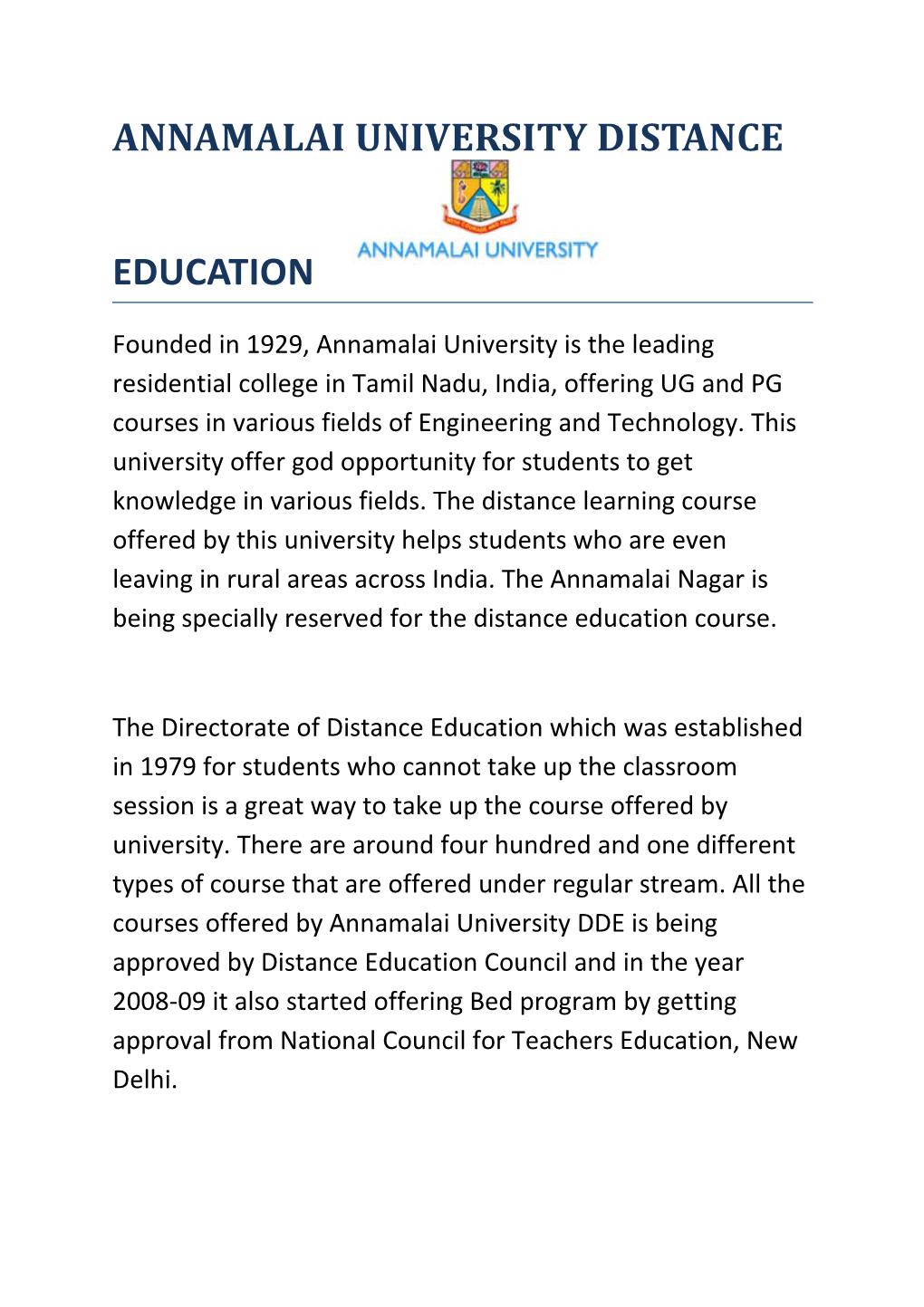 Annamalai University Distance Education Facilities