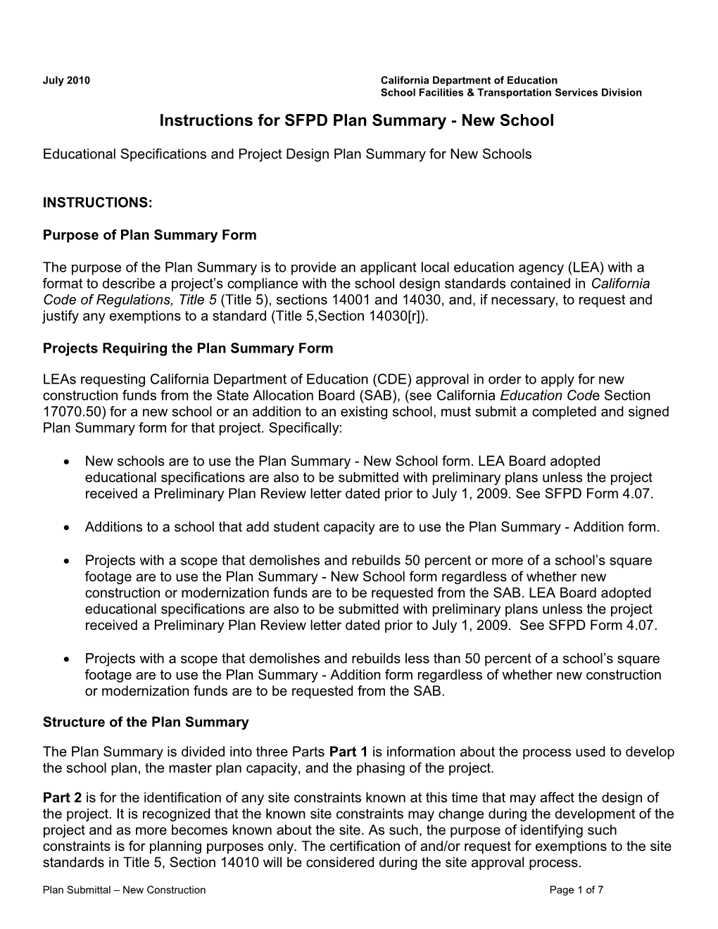 SFPD Plan Summary - School Facilities (CA Dept of Education)