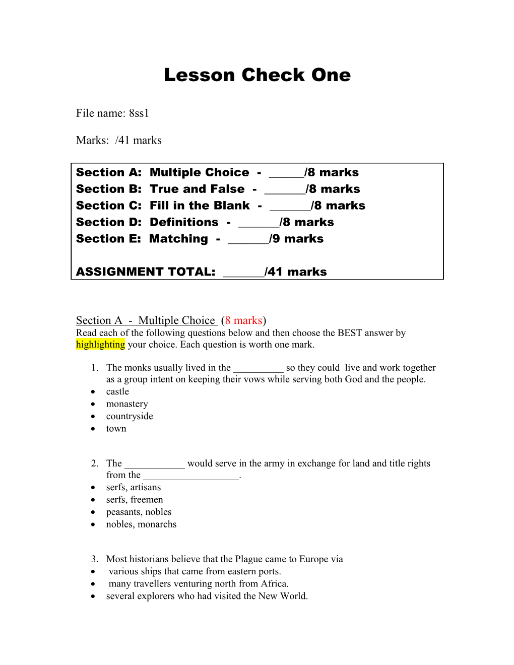 Section a - Multiple Choice (8 Marks)