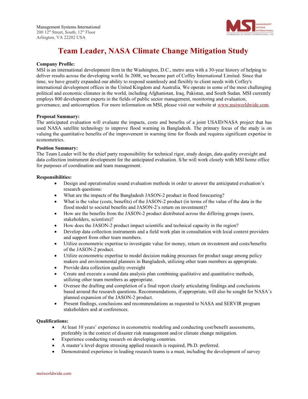 Team Leader, NASA Climate Change Mitigation Study
