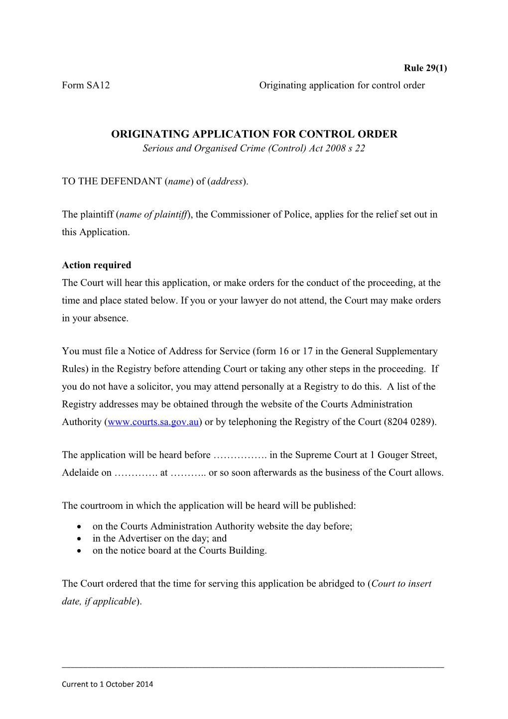 Form SA12 - Originating Application for Control Order