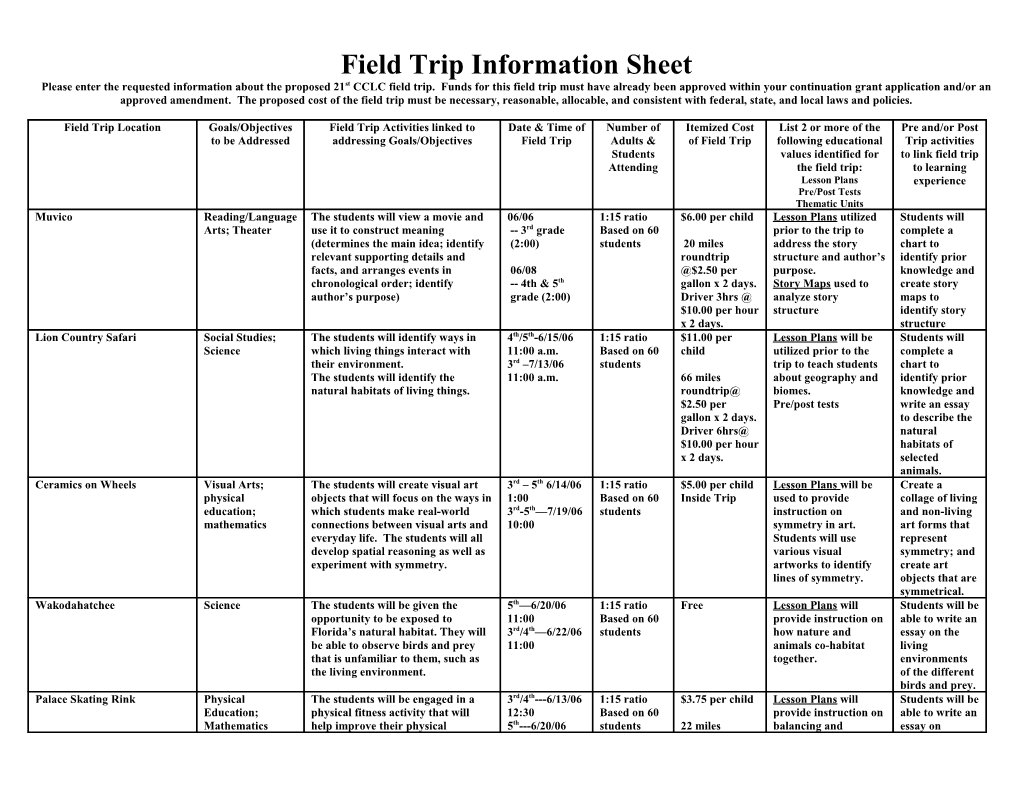 Field Trip Information Sheet