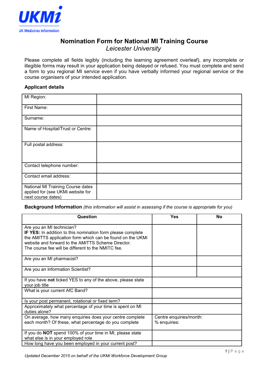 Nomination for National Introductory Medicines Information Training Course