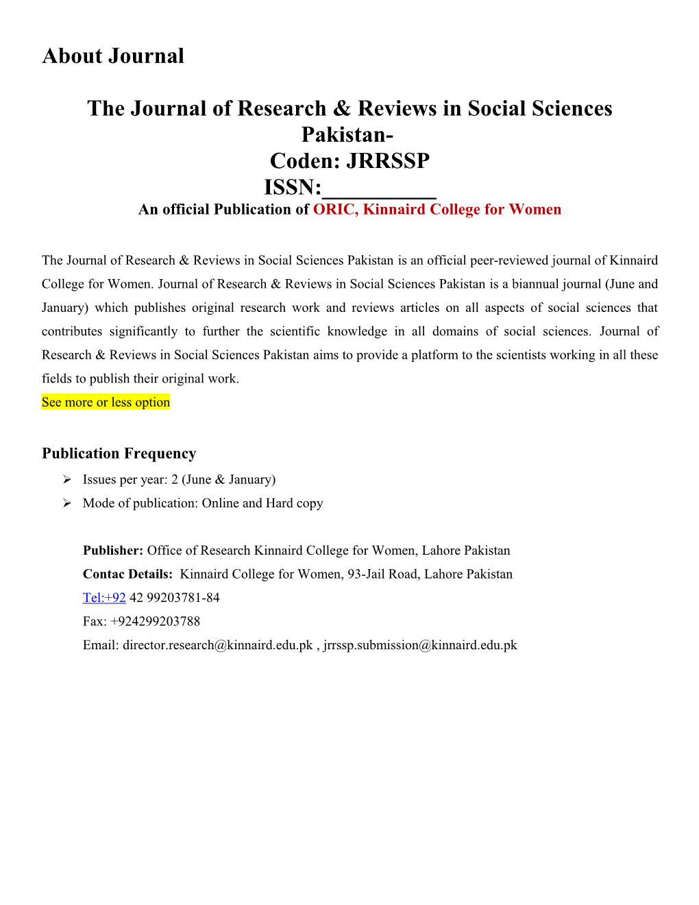 The Journal of Research & Reviews in Social Sciences Pakistan