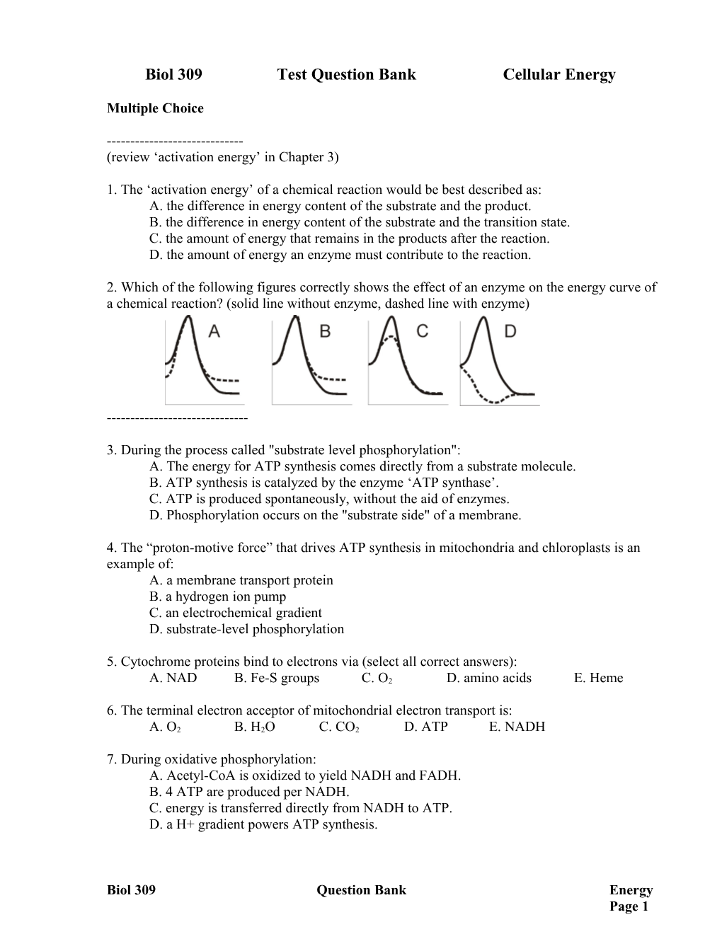 Biol309 Test Question Bank Cellular Energy