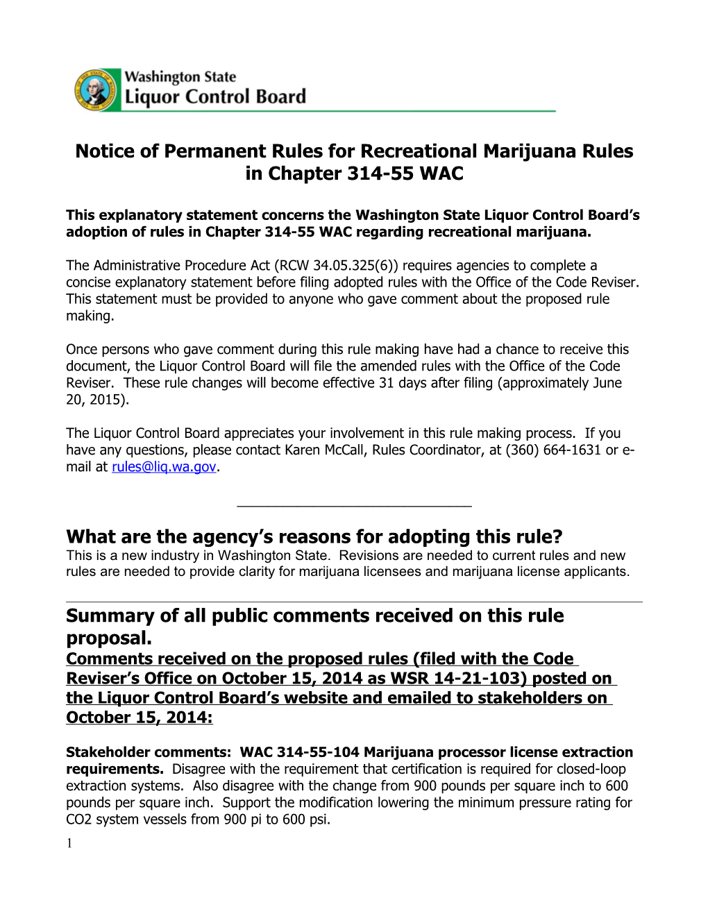 Notice of Permanent Rulesfor Recreational Marijuana Rules in Chapter 314-55 WAC