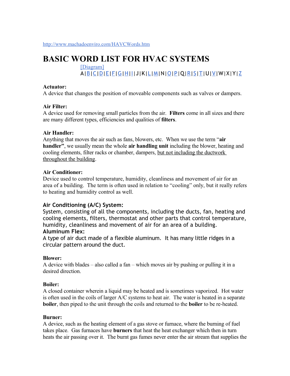 BASIC WORD LIST for HVAC SYSTEMS Diagram a B C D E F G H I J K L M N O P Q R S T U V W X Y Z