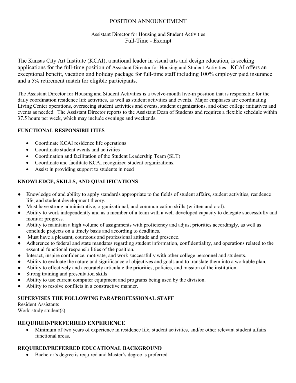 Assistant Director for Housing and Student Activities