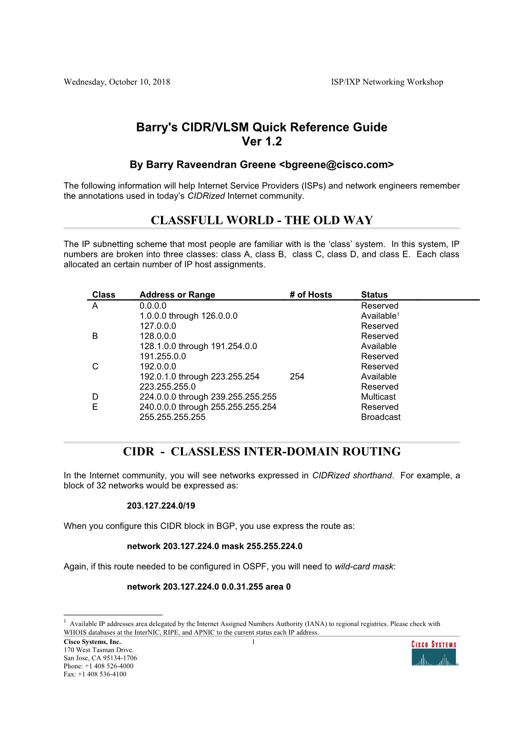 Barry's CIDR/VLSM Quick Reference Guide