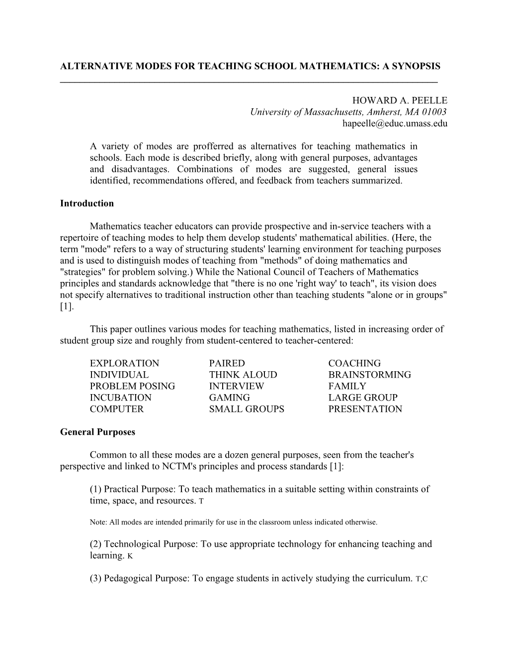 Alternative Modes for Teaching School Mathematics: a Synopsis