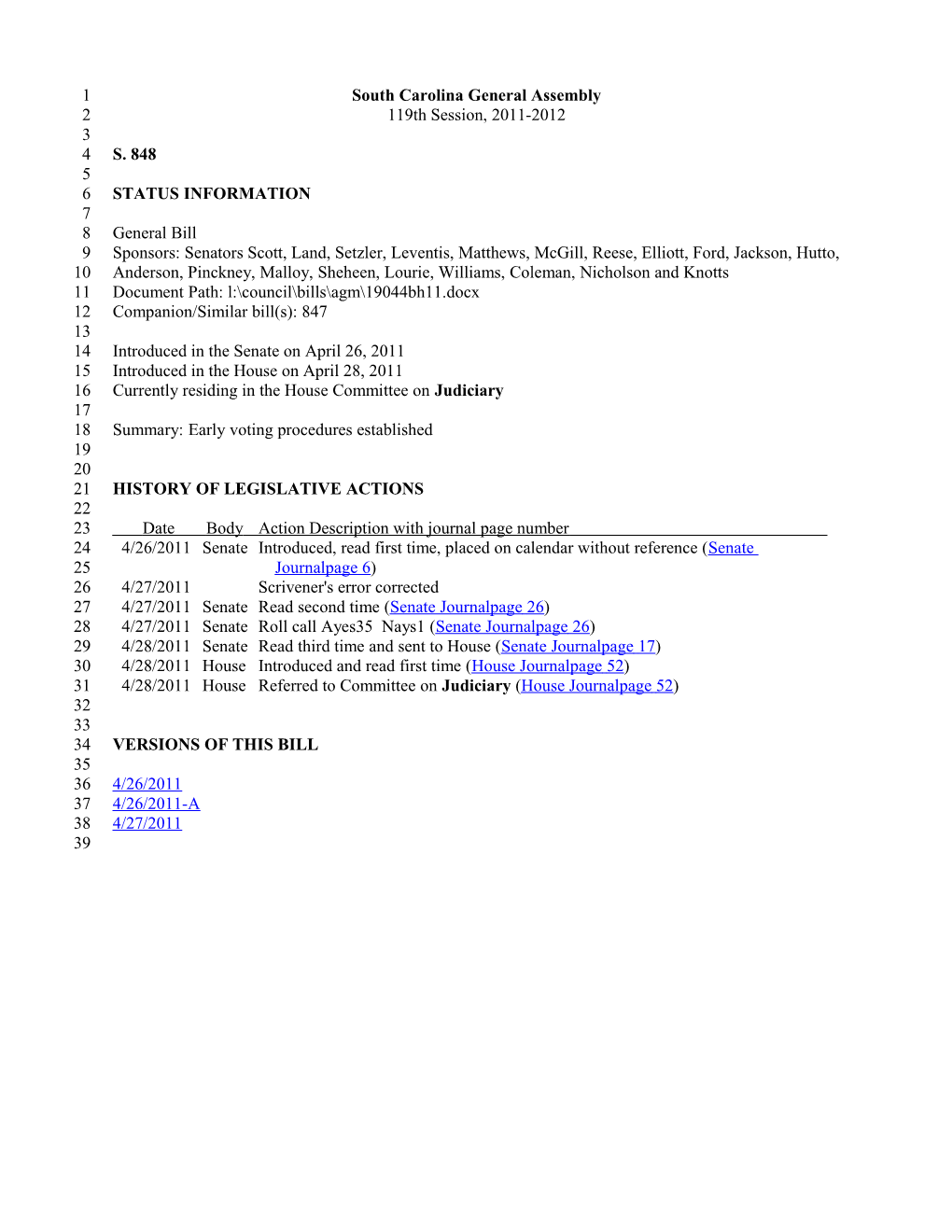 2011-2012 Bill 848: Early Voting Procedures Established - South Carolina Legislature Online