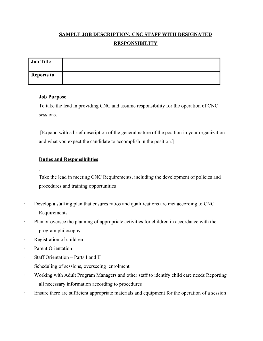 Sample Job Description: Cnc Staff with Designated Responsibility