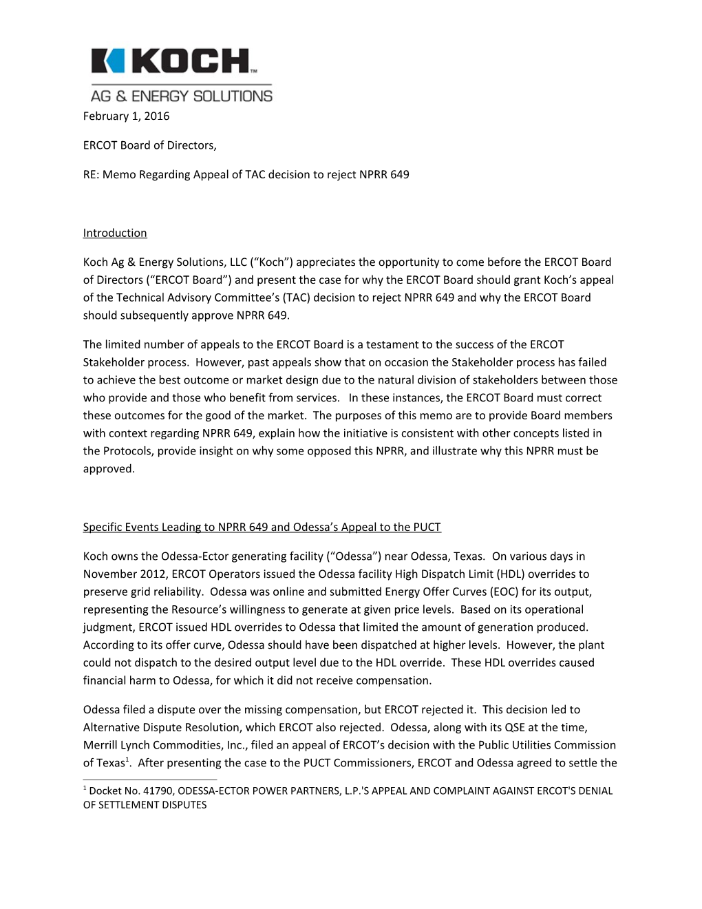 RE: Memo Regarding Appeal of TAC Decision to Reject NPRR 649