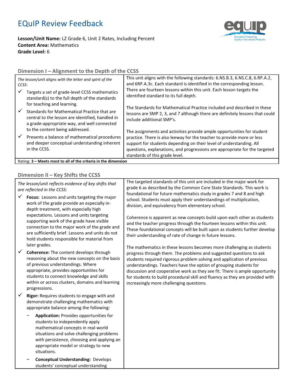 Dimension I Alignment to the Depth of the CCSS