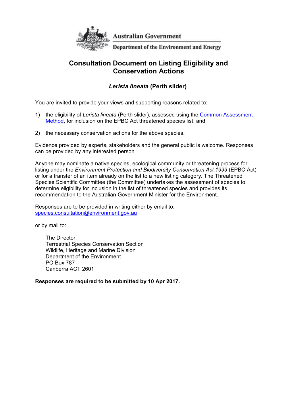 Consultation Document on Listing Eligiblity and Conservation Actions - Lerista Lineate