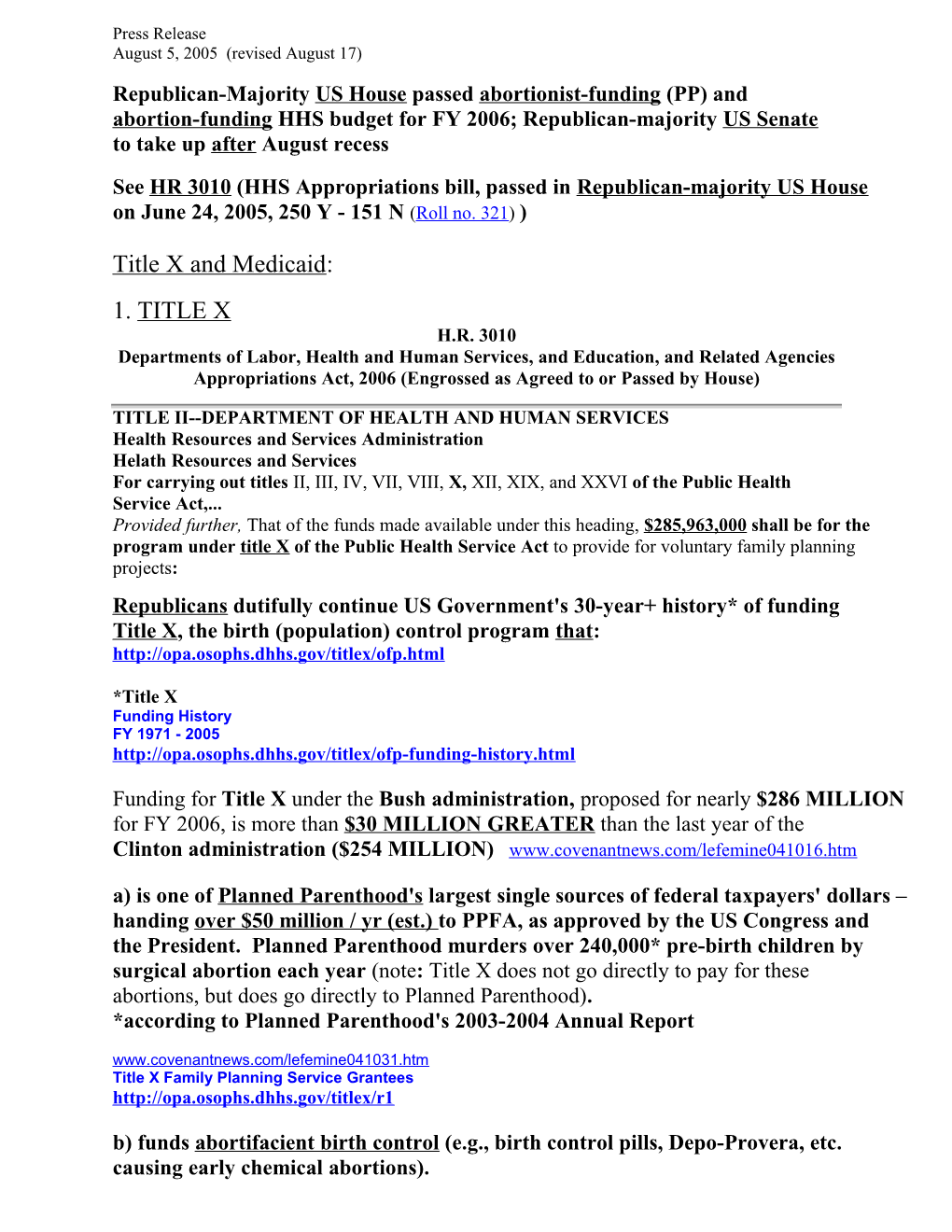 Abortion-Funding HHS Budget for FY 2006; Republican-Majority US Senate