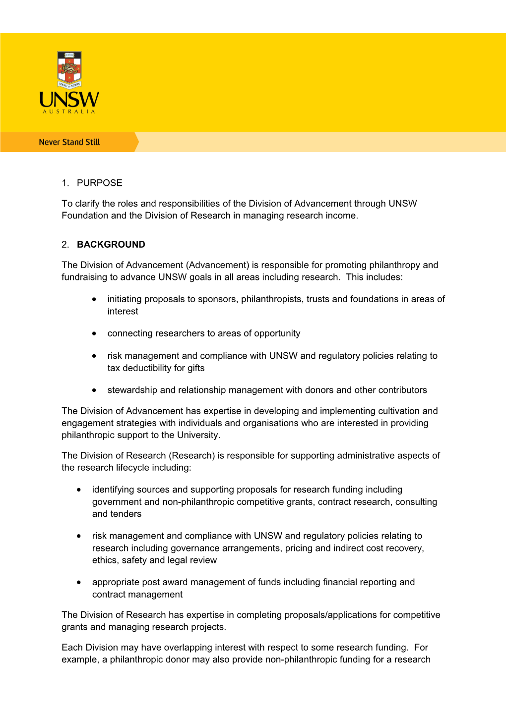 To Clarify the Roles and Responsibilities of the Division of Advancement Through UNSW Foundation