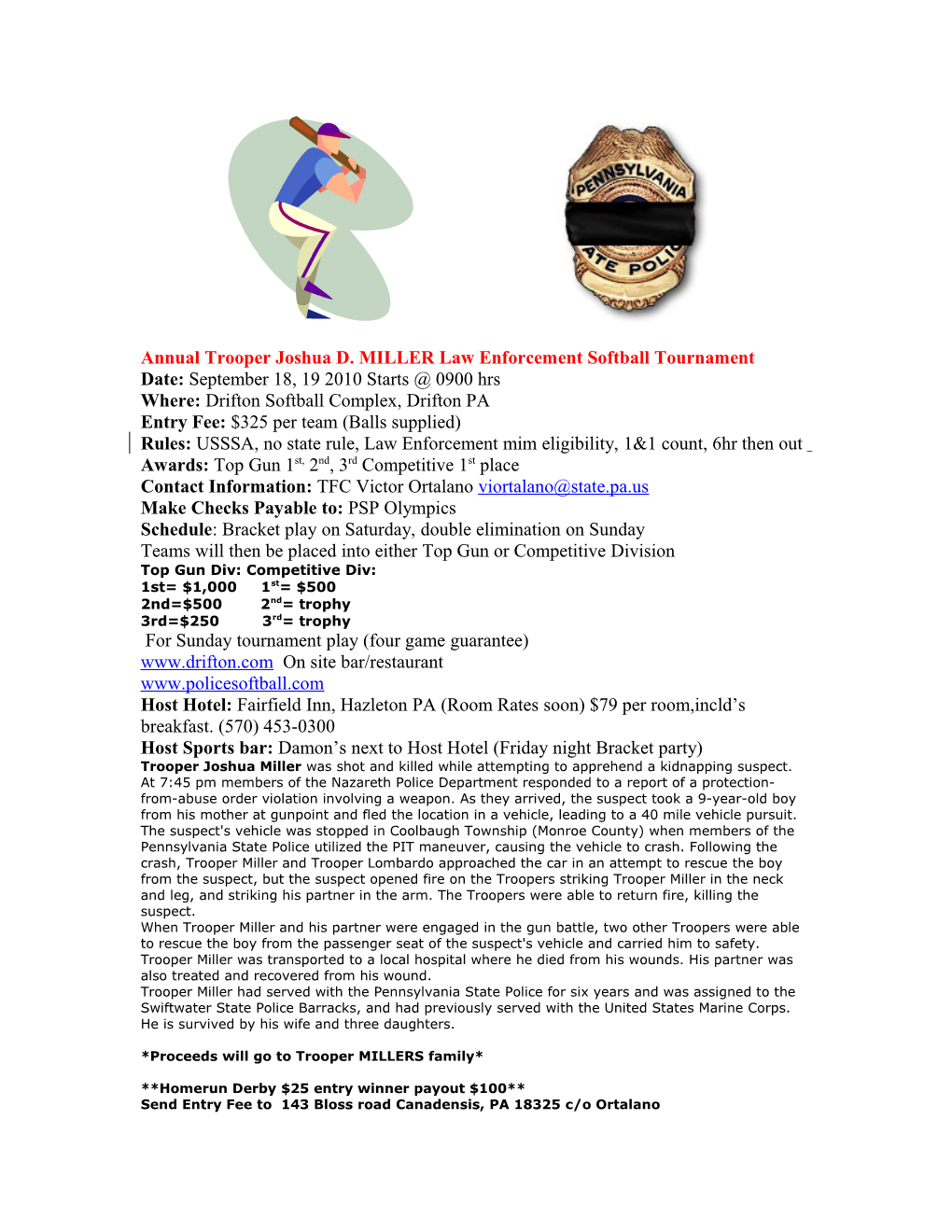 Annual Trooper Joshua D. MILLER Law Enforcement Softball Tournament