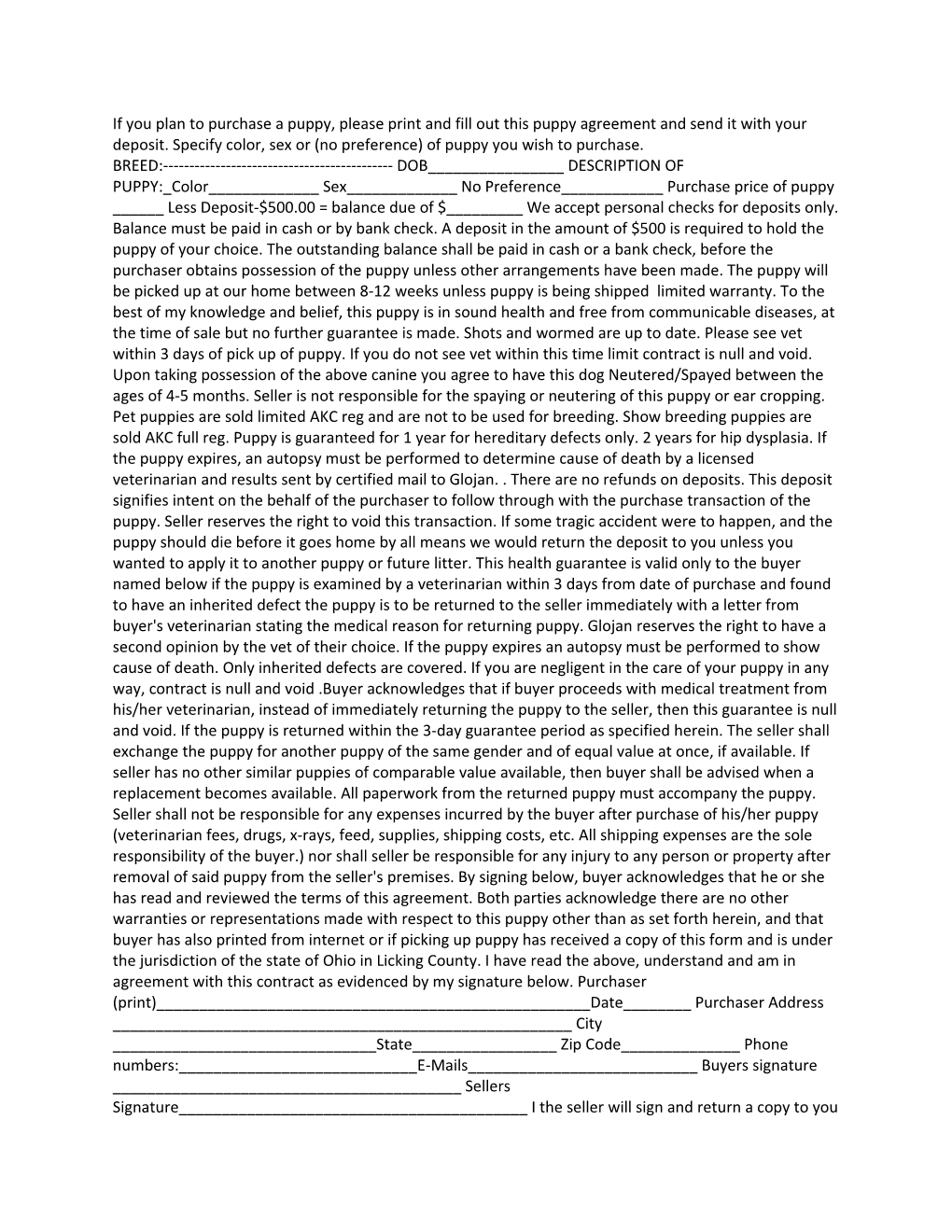If You Plan to Purchase a Puppy, Please Print and Fill out This Puppy Agreement and Send