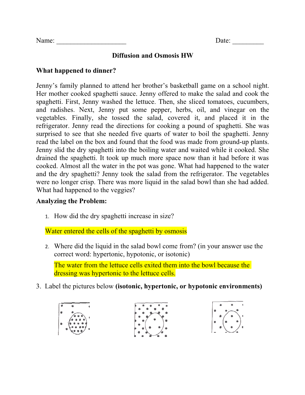 Diffusion and Osmosis HW