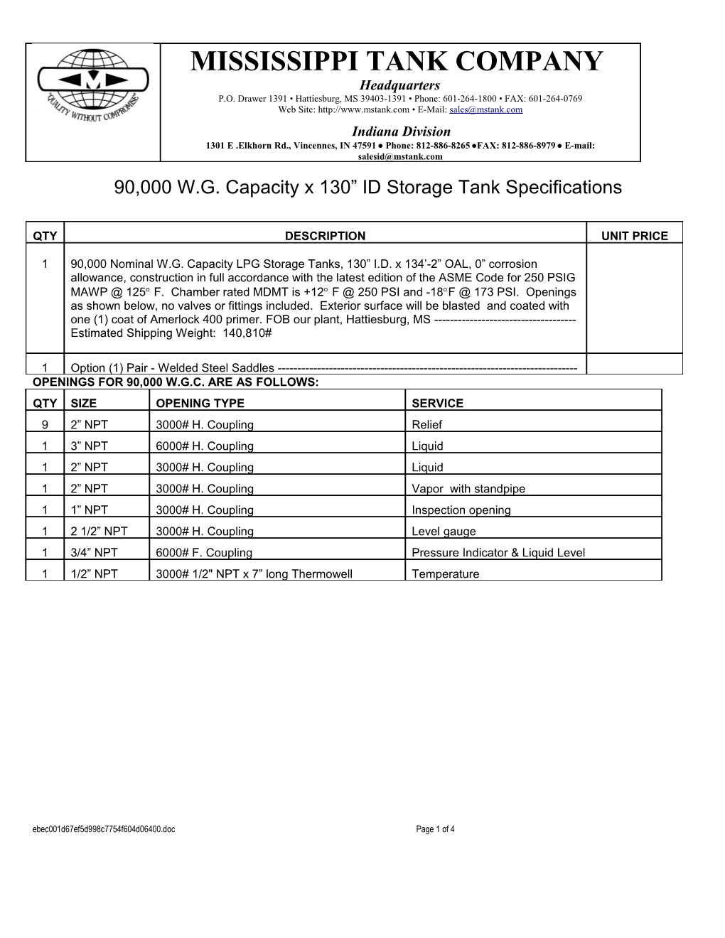 90,000 W.G. Capacity X 130 ID Storage Tank Specifications