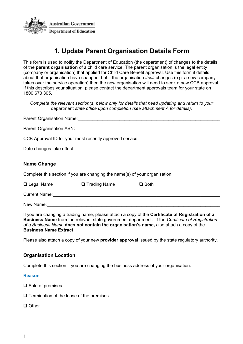 Update Parent Organisation Details Form