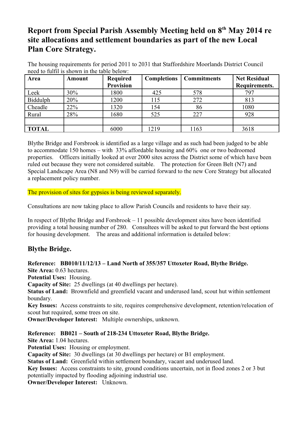 Report from Special Parish Assembly Meeting Held on 8Th May 2014 Re Site Allocations And