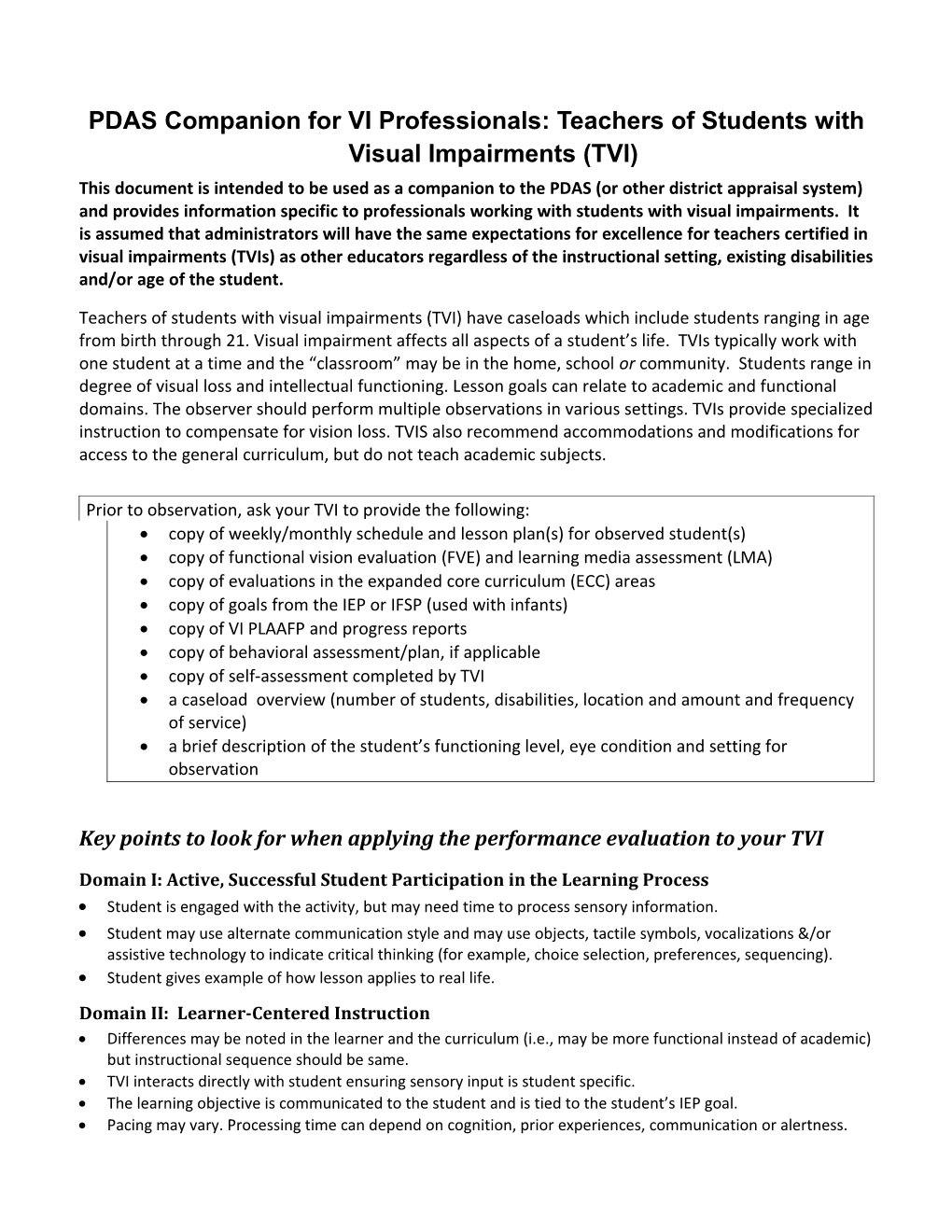PDAS Companion for VI Professionals: Teachers of Students with Visual Impairments (TVI)