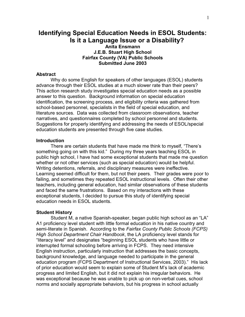 Identifying Special Education Needs in ESOL Students: Is It a Language Issue Or a Disability