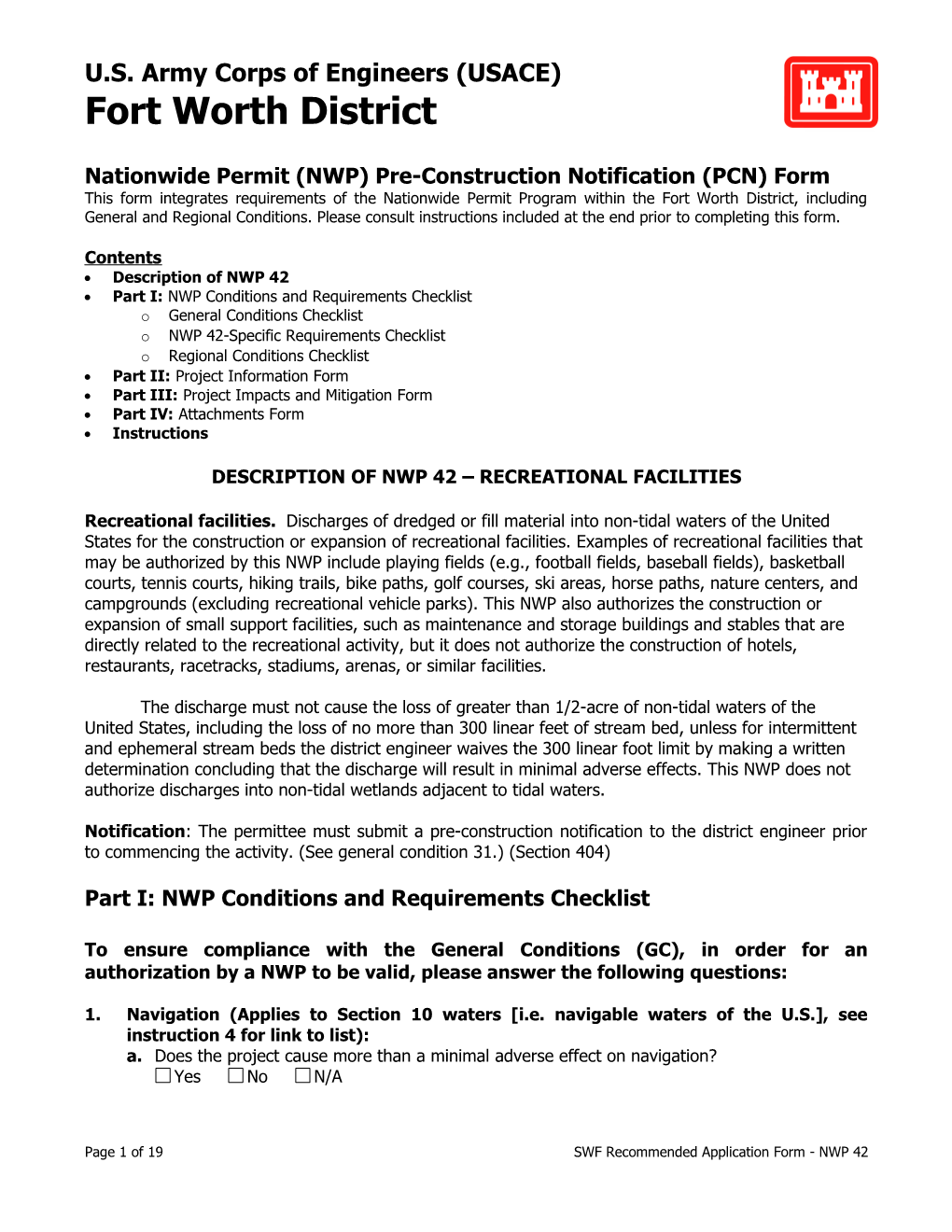 Nationwide Permit (NWP) Pre-Construction Notification (PCN) Form
