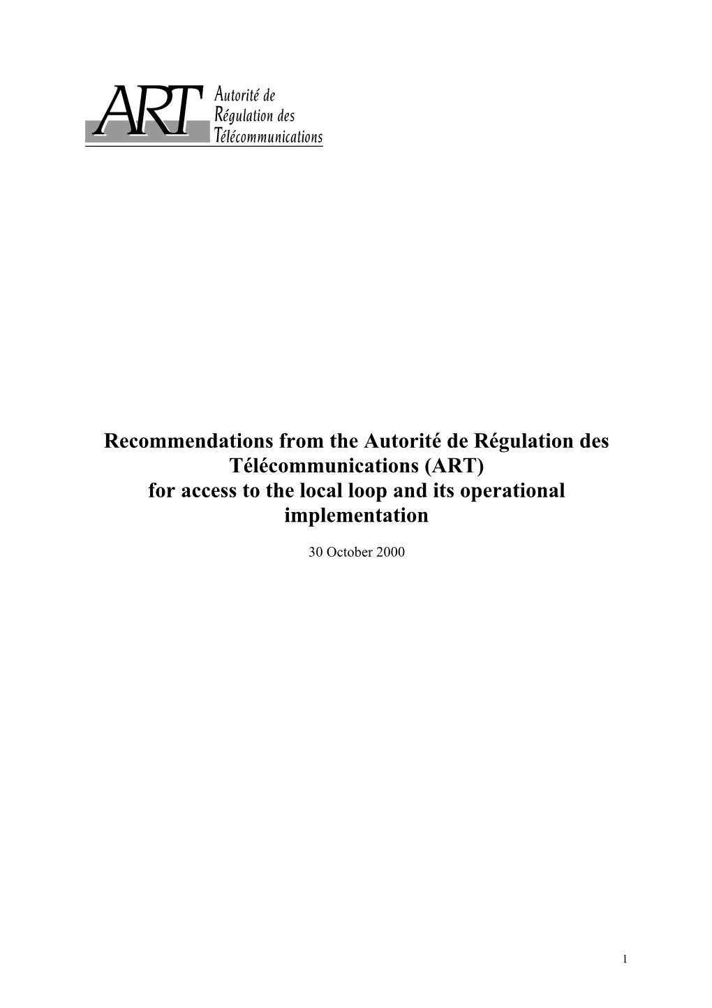 Projet De Lignes Directrices Sur Les Prestations D Accès À La Boucle Locale Et À Leur Mise