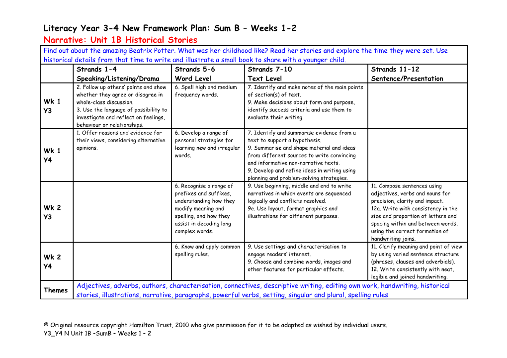 Literacy Year 3-4 New Framework Plan: Sum B Weeks 1-2