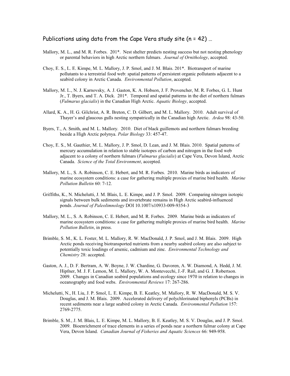 Publications Using Data from the Capevera Study Site (N = 42)