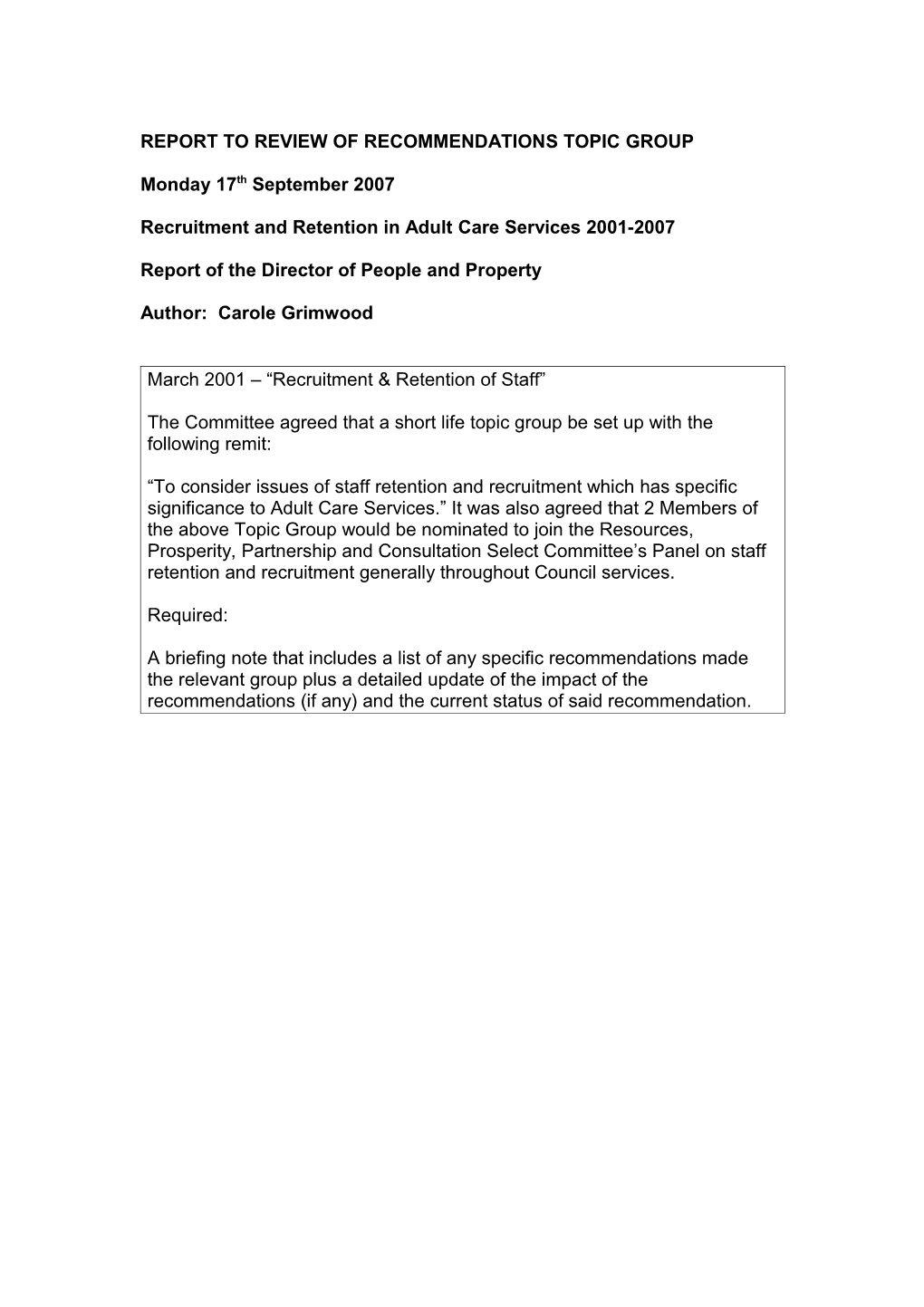 Report to Review of Recommendations Topic Group