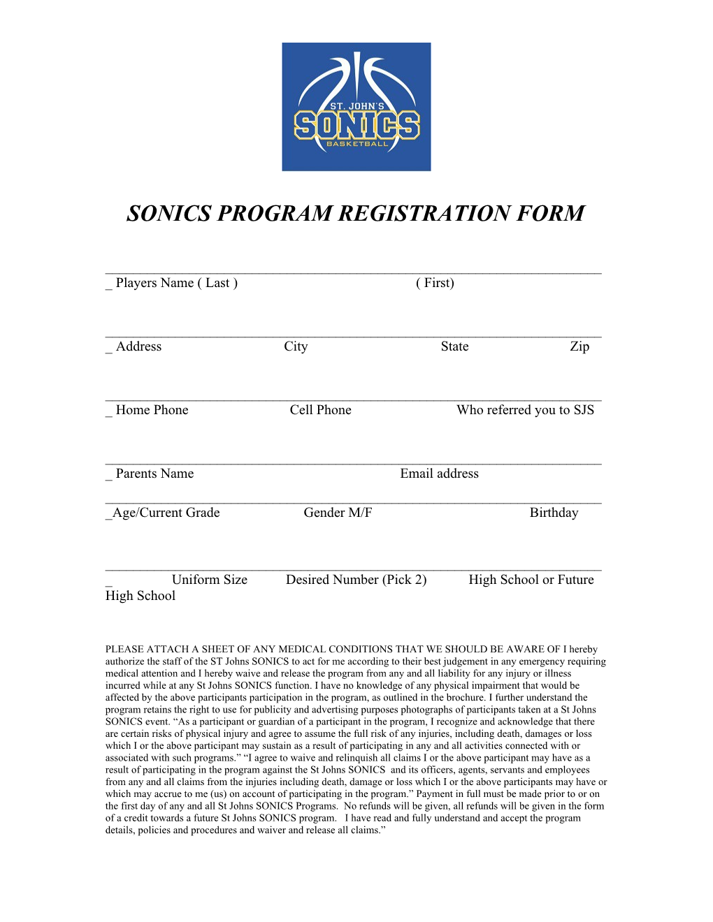 Sonics Program Registration Form