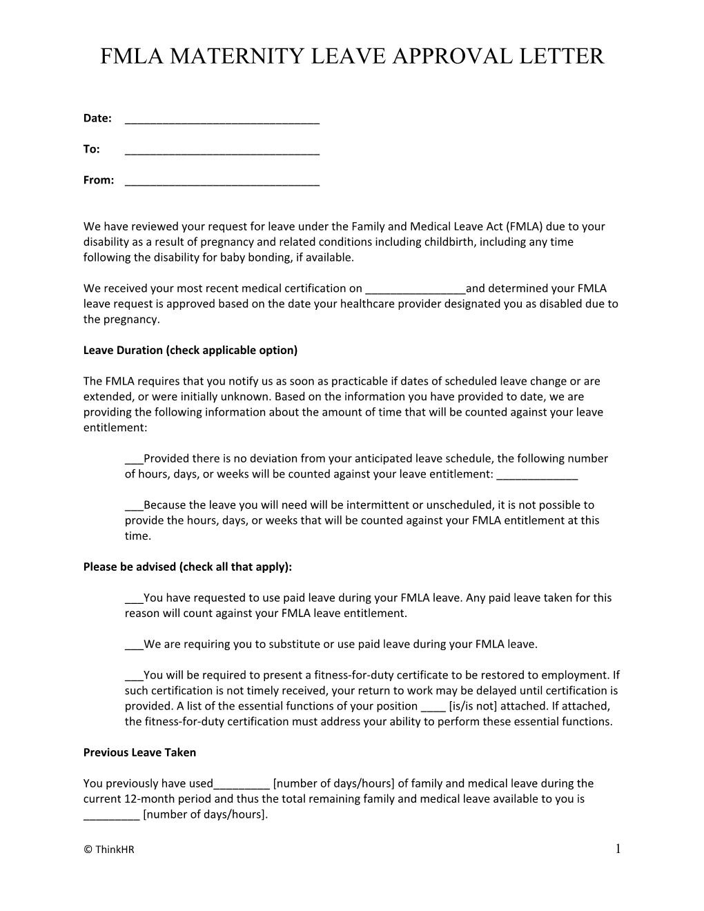 Fmla Maternity Leave Approval Letter