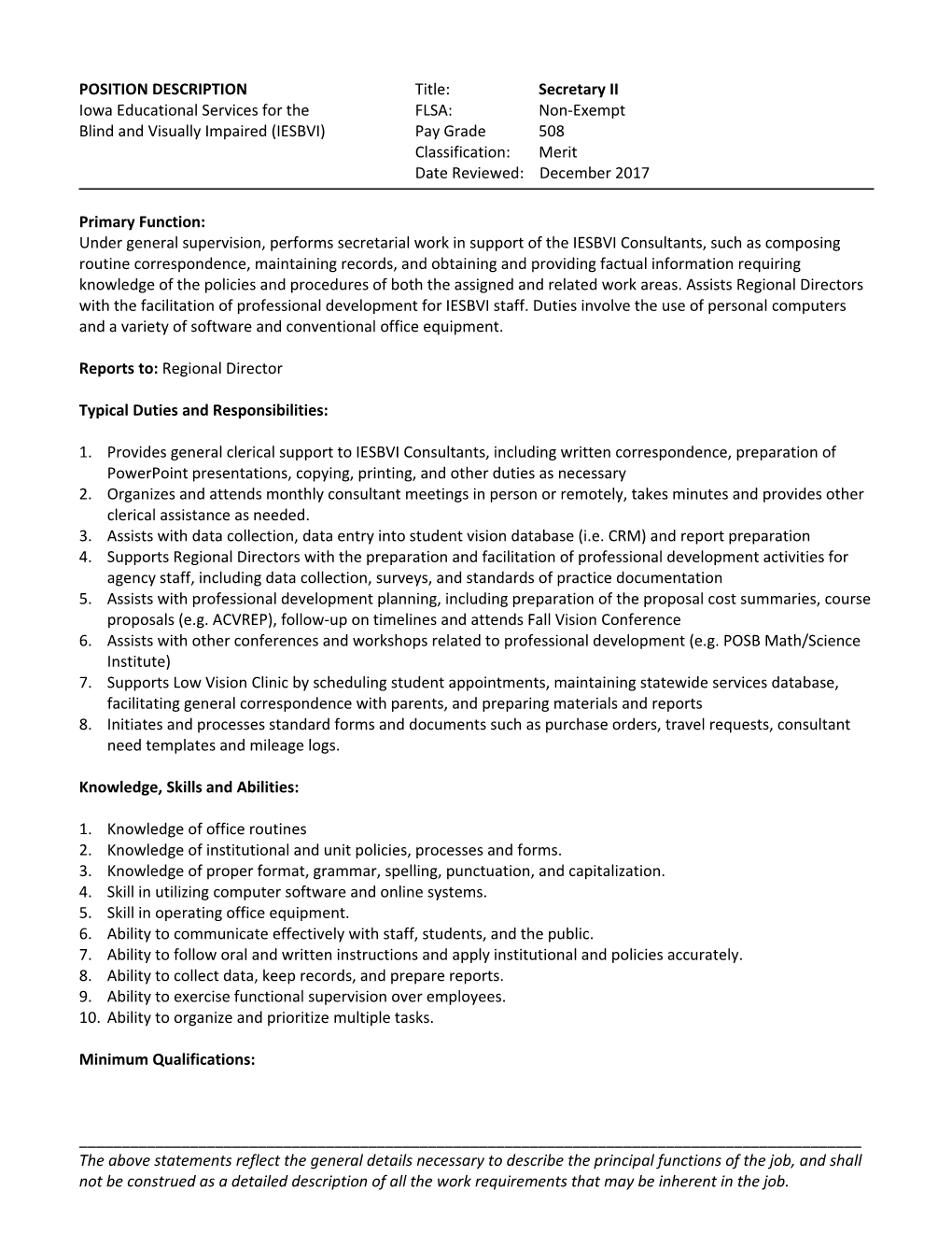 IESBVI Position Description Transition and Family Services Consultant - Page 1 of 2