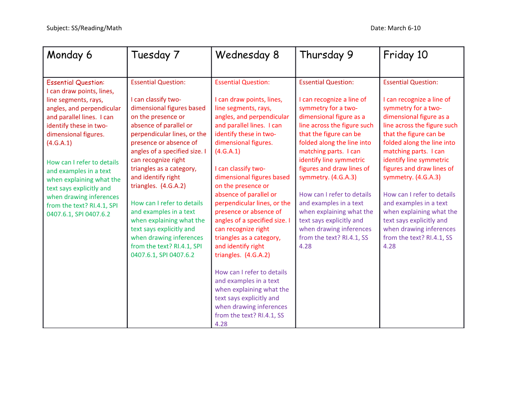 Subject: SS/Reading/Mathdate:March 6-10