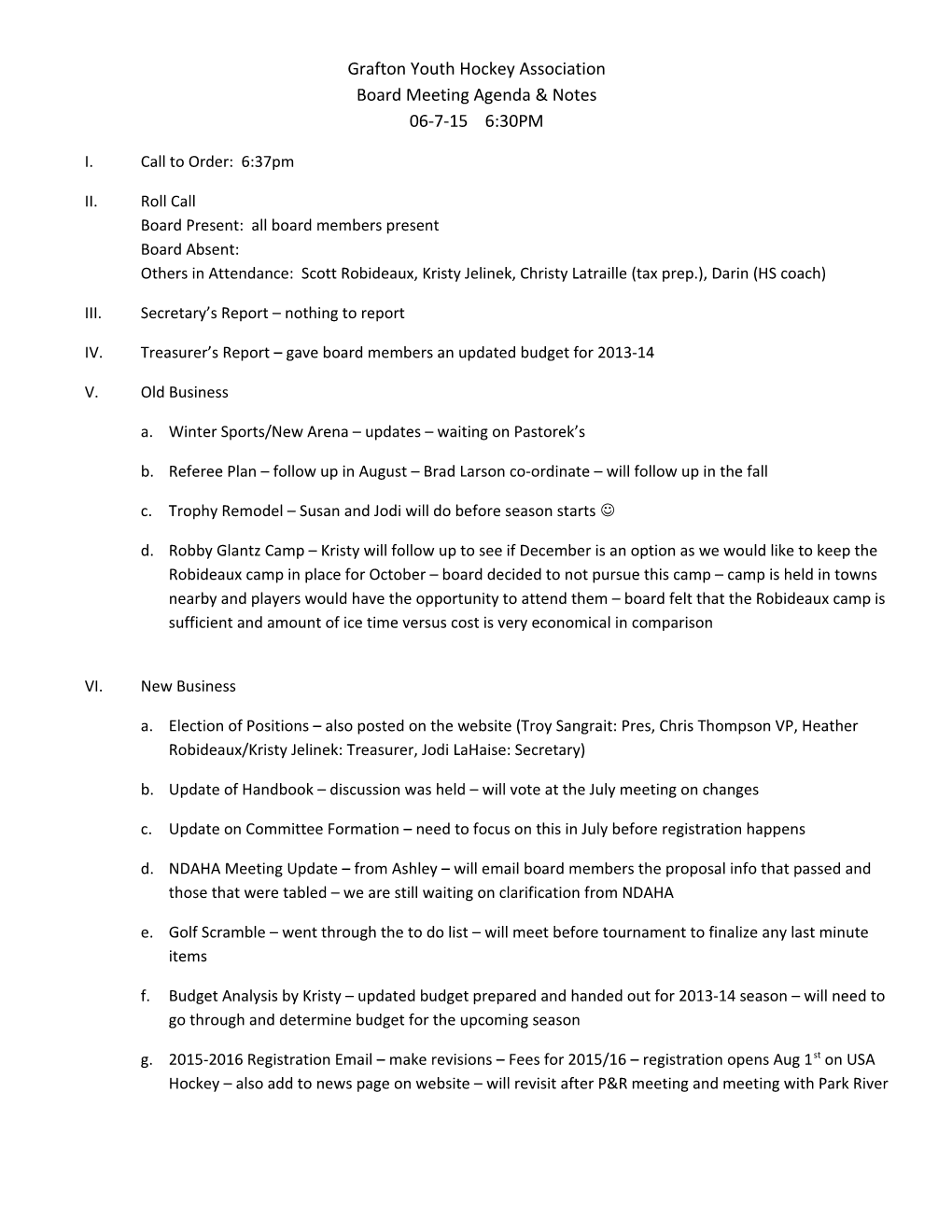 Grafton Youth Hockey Association Board Meeting Agenda & Notes 06-7-15 6:30PM