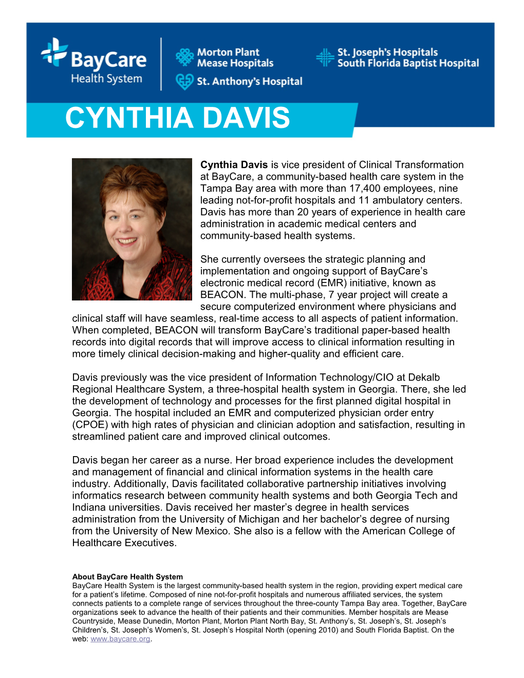 Cynthia Davis Is Vice President of Clinical Transformation at Baycare, a Community-Based