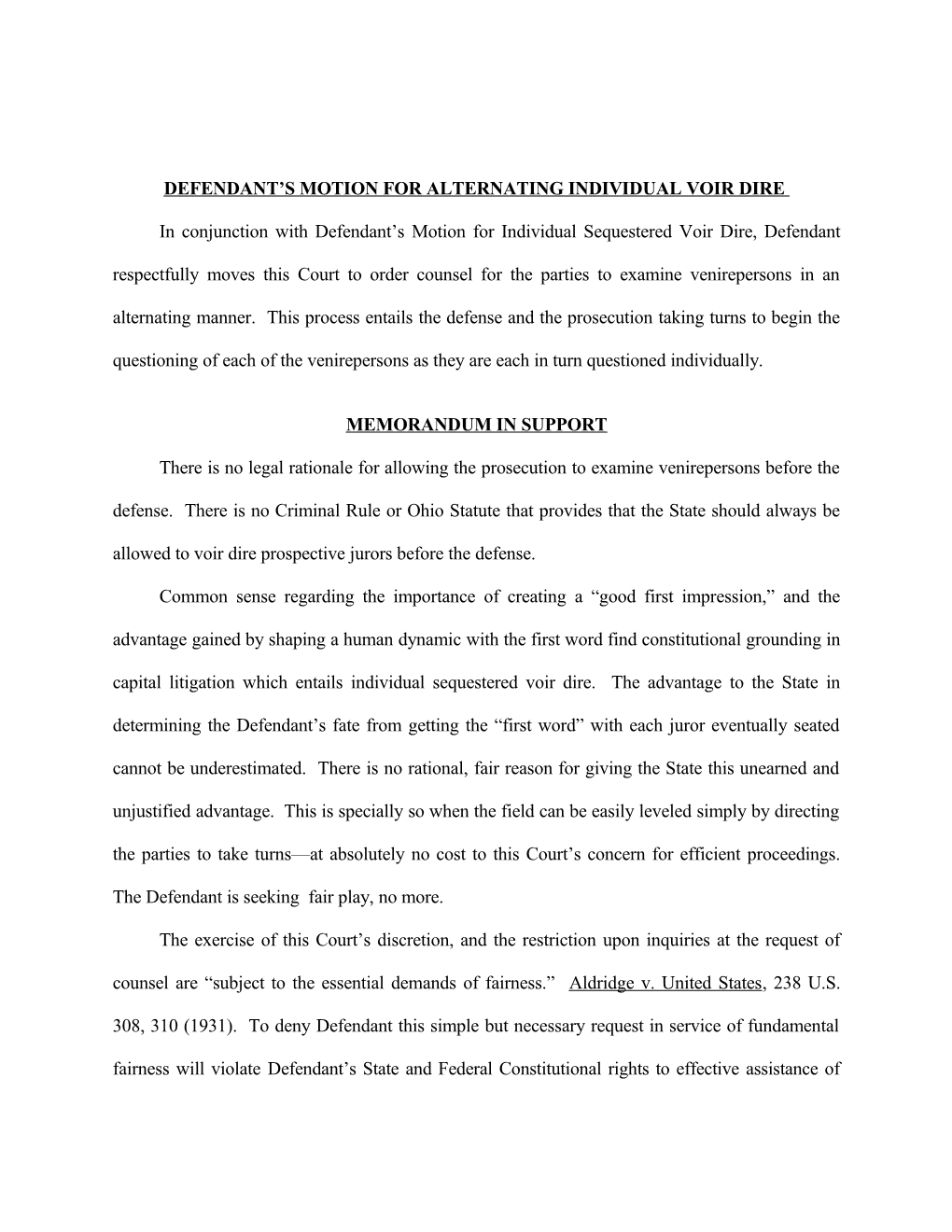 Defendant S Motion for Alternating Individual Voir Dire