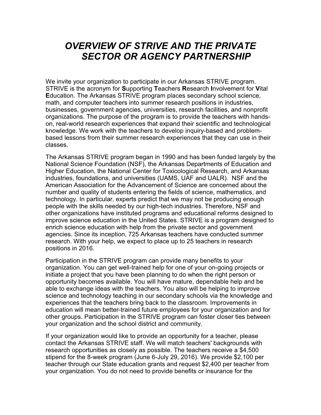 Overview of Strive and the Private Sector Or Agency Partnership