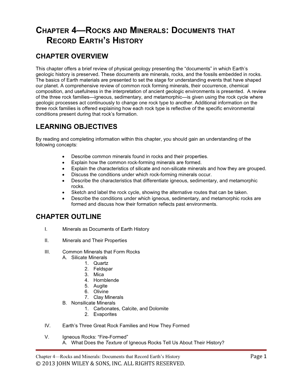 Chapter 4 Rocks and Minerals: Documents That Record Earth S History