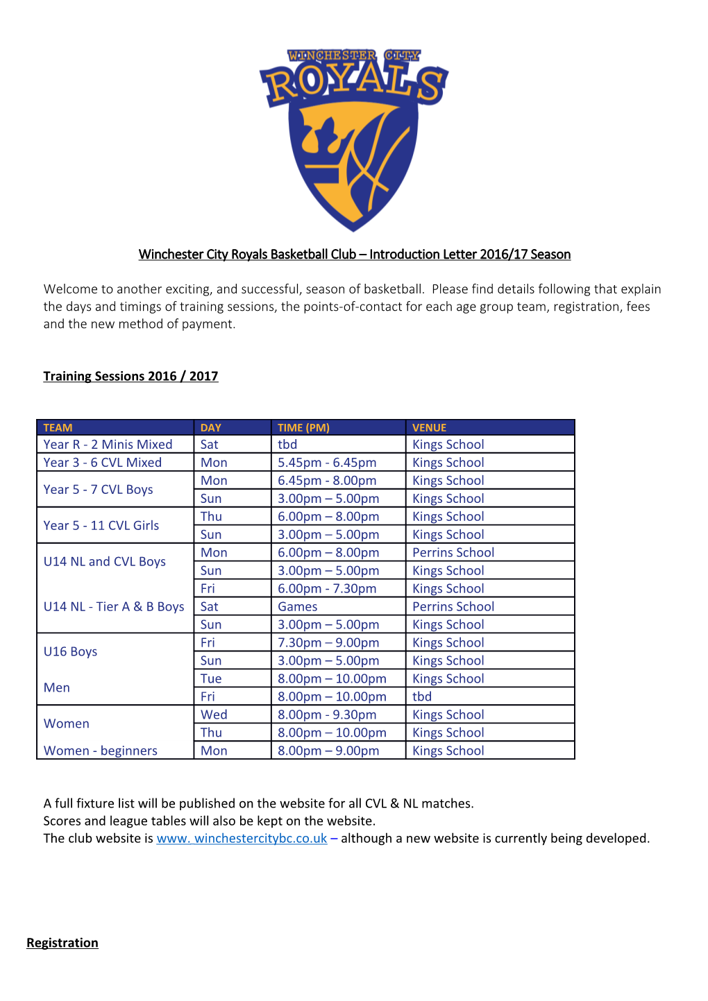 Winchester City Royals Basketball Club Introduction Letter 2016/17 Season