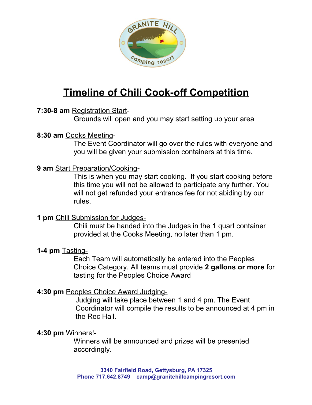 Timeline of Chili Cook-Off Competition